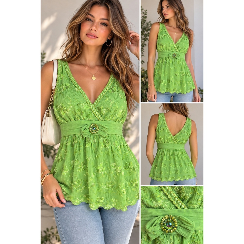 Y2K Express Lime Green 100% Silk Embroidered Empire Waist Fairy Babydoll Top XS